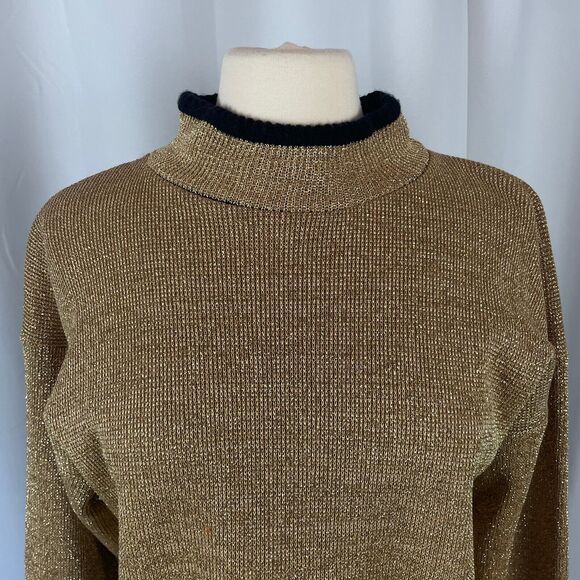 Vintage Sweater Womens Size Medium M Gold Metallic Knit Party Cocktail Mock Neck - Picture 2 of 12
